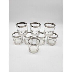 Set of Eight 2 3/4" Tall Silver Rim MCM VTG Whiskey Highball Glasses heavy base